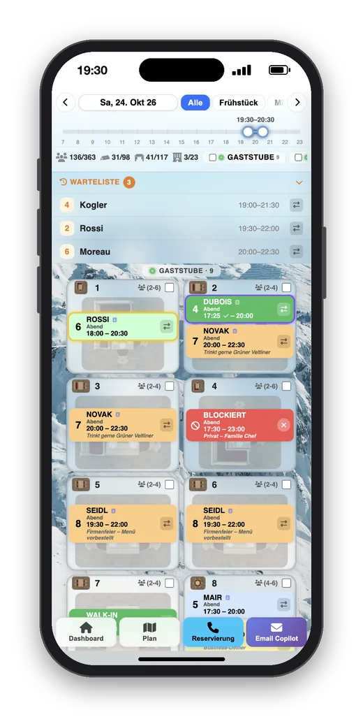 Olivia auf dem iPhone: Tische, Reservierungen und Warteliste unterwegs