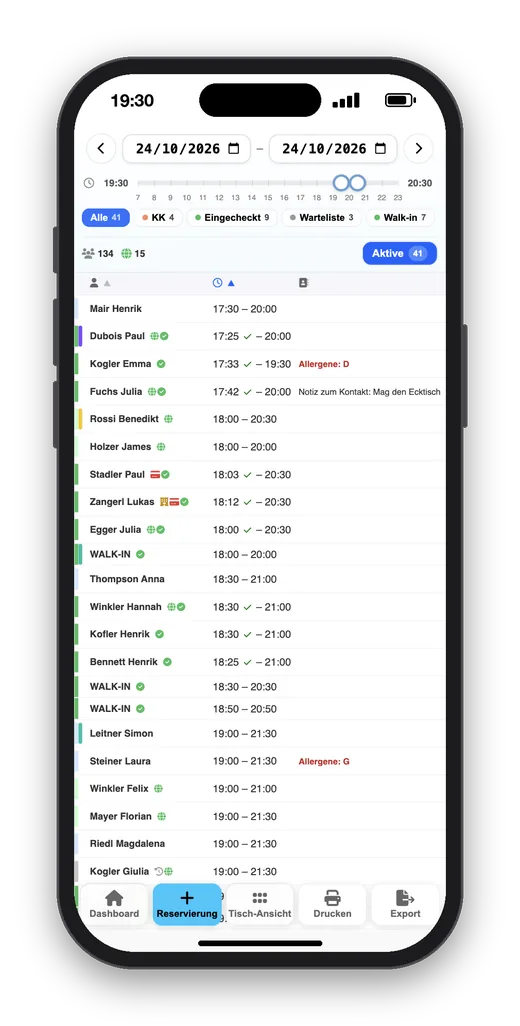 Reservierungsliste in Olivia mit Allergen-Hinweisen, Kreditkarten-Status und Check-in